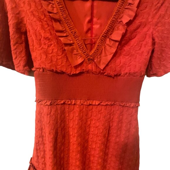 FINDERS KEEPERS Red Memento Ruffle Midi Dress with V Neck, size Small - Picture 6 of 11